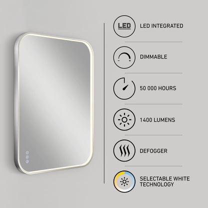Rectangular LED bathroom mirror on a gray wall. Next to it are icons and text highlighting features: LED integrated, dimmable, 50,000 hours lifespan, 1400 lumens, defogger, and selectable white technology.