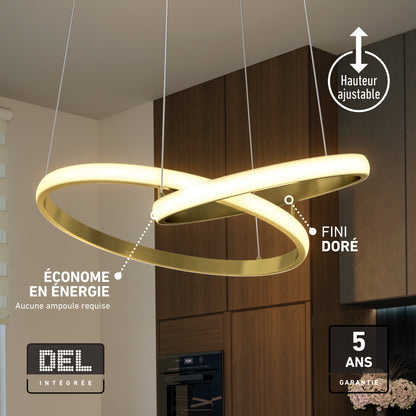 Artika Mora 28″ LED Pendant features 5CCT, gold finish, dimming, energy savings, and adjustable height with intertwined rings.