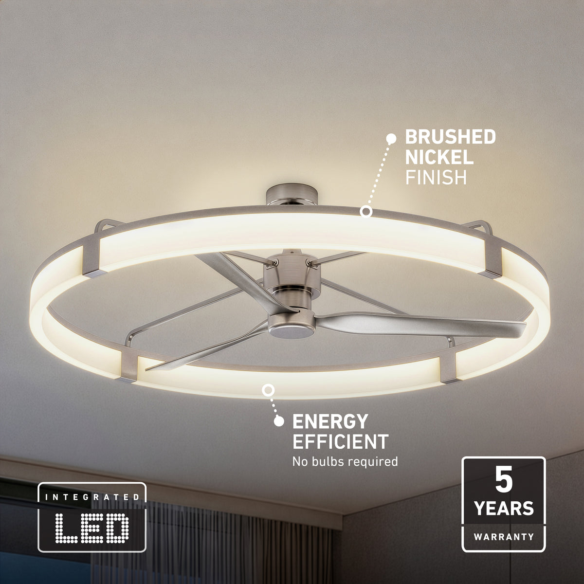 Artika Sunnyvale 52 in. LED Ceiling Fan, brushed nickel, energy efficient, remote included, 5-year warranty.