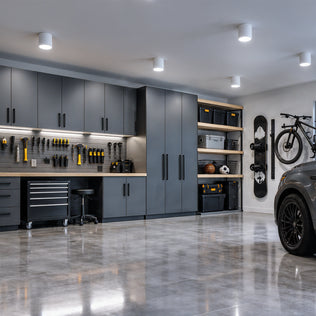 Five Artika Radius 5 in. (12 cm) Modern LED Flush Mount Ceiling Light 3 CCT installed in a modern garage with dark cabinets, tools, and a parked car.