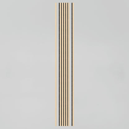 The Artika Sonolok sound-absorbing wall panel kit features vertically arranged, symmetrically patterned narrow black and light wood stripes on a plain light gray background.