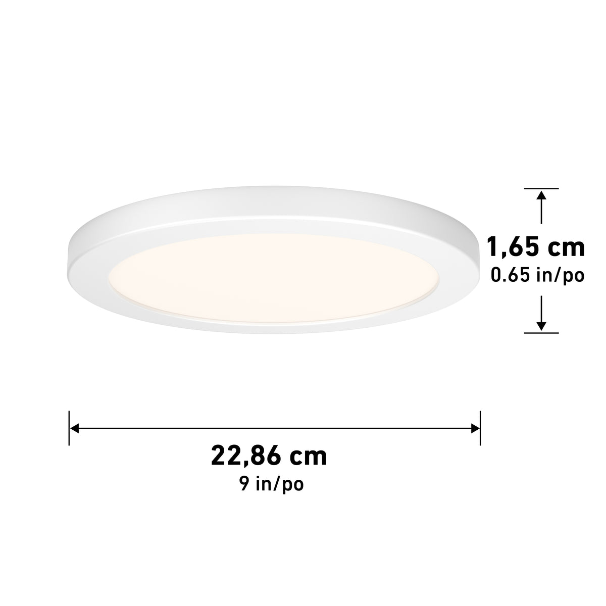 The Artika Europa Disk 9 in. LED modern flush mount light is a round, white ceiling fixture measuring 1.65 cm (0.65 in) thick and 22.86 cm (9 in) wide, with arrows indicating its height and diameter dimensions.