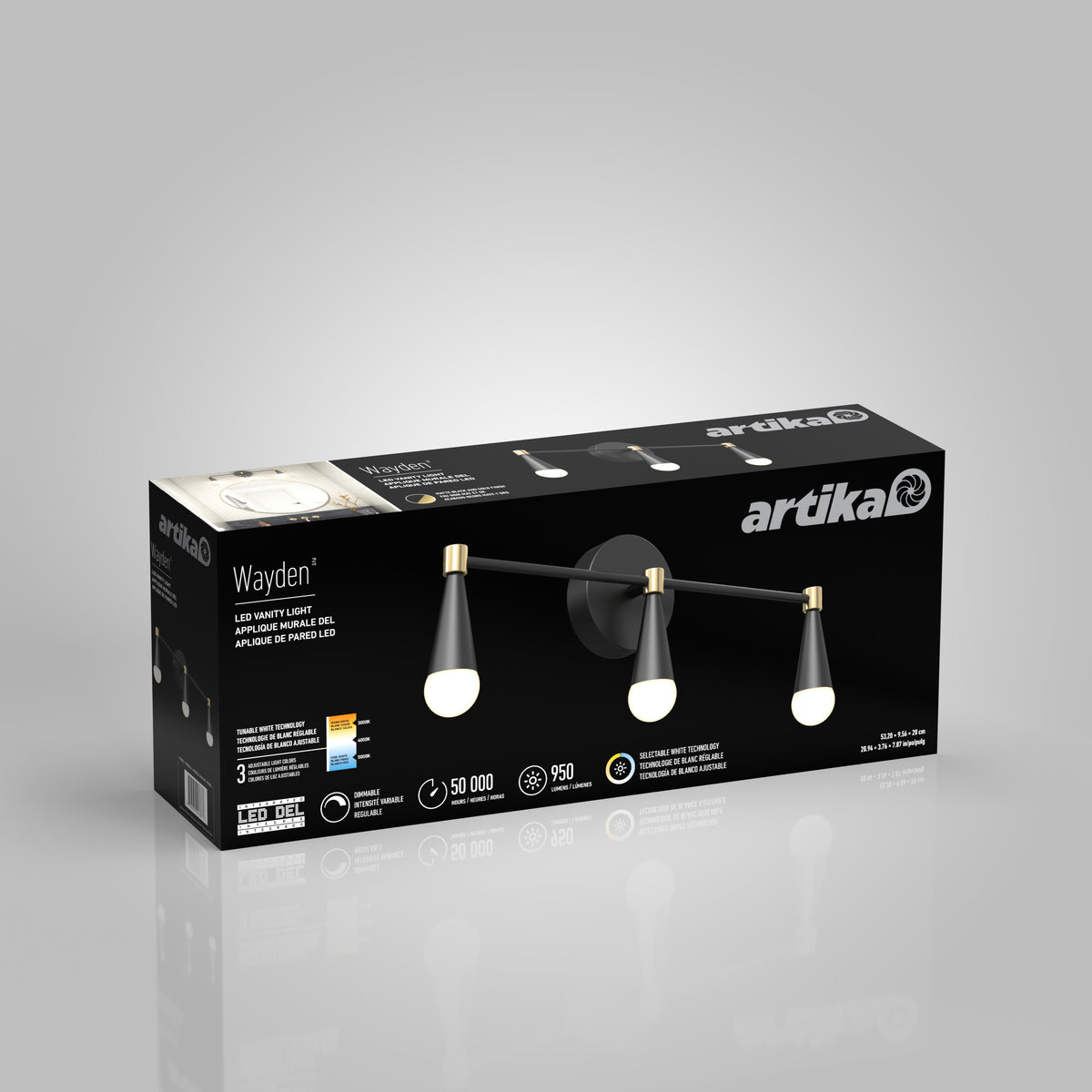 Product packaging for the Artika Wayden LED vanity light, showing a 3-light wall fixture with black and gold accents and round white bulbs, plus product details and features on a gray background.