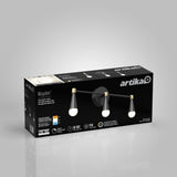 Product packaging for the Artika Wayden LED vanity light, showing a 3-light wall fixture with black and gold accents and round white bulbs, plus product details and features on a gray background.