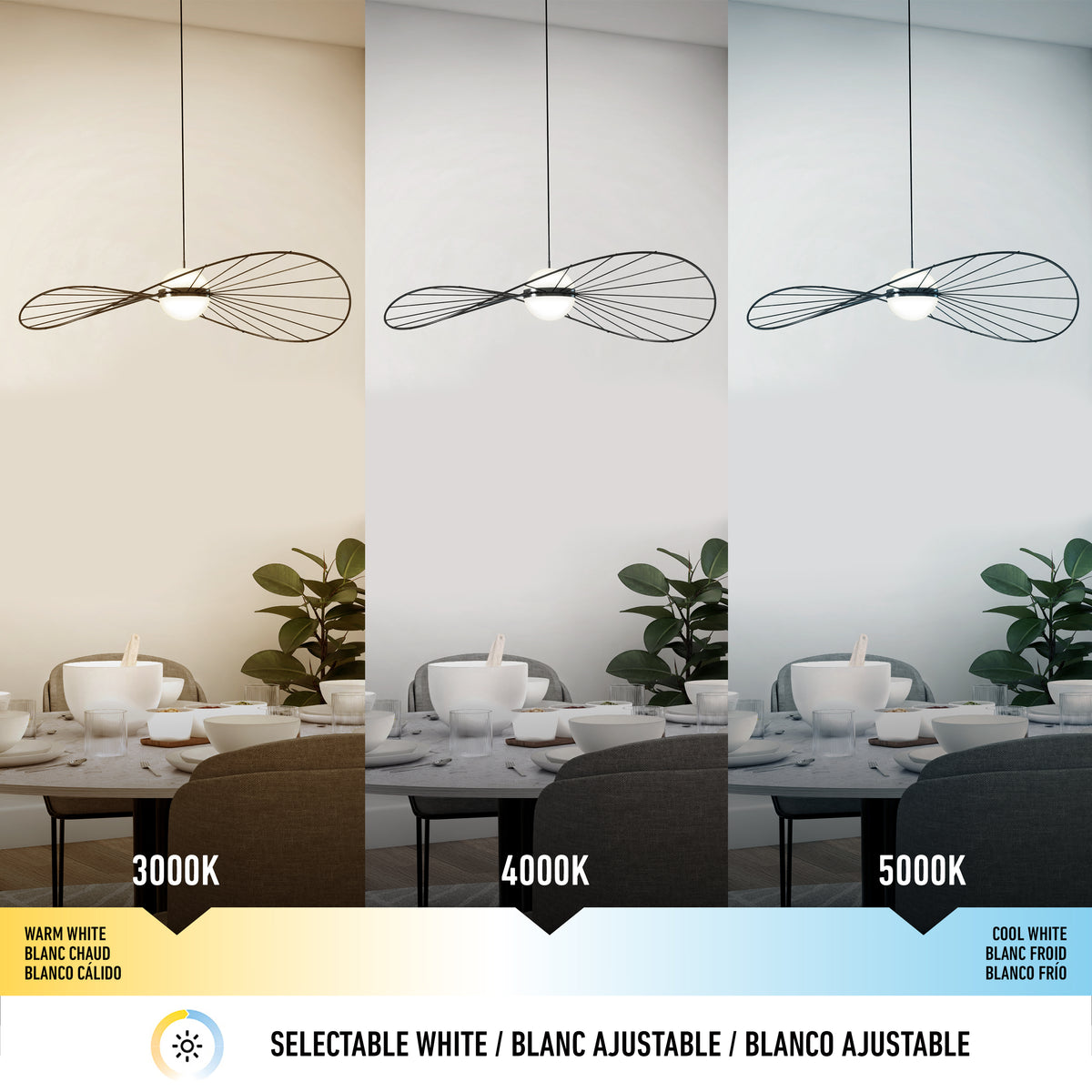Three images of a modern pendant light over a dining table, each showing different white light temperatures: warm white (3000K), neutral white (4000K), and cool white (5000K). Text indicates selectable color options.