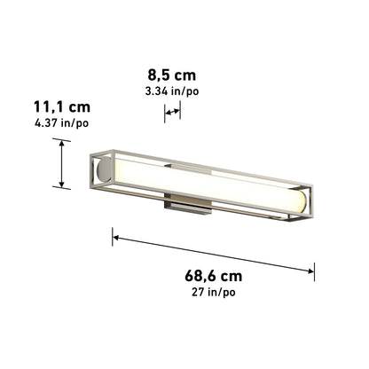 The Artika Venicia LED Wall Sconce is a rectangular, wall-mounted fixture measuring 11.1 cm tall, 8.5 cm deep, and 68.6 cm wide, with a minimalist metal frame for modern style.