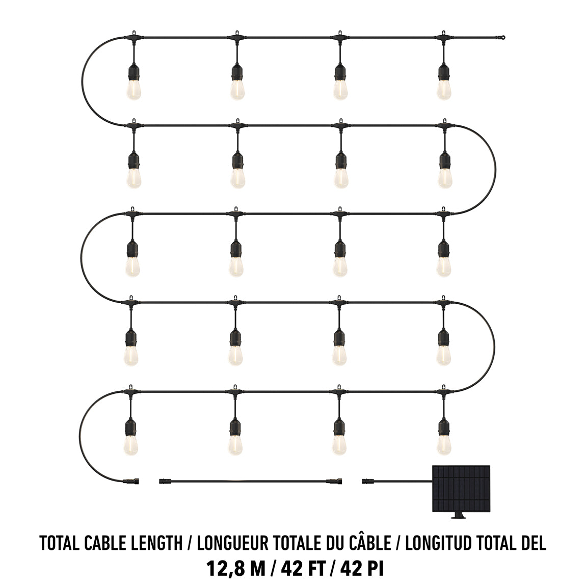 The Artika Blaze 20 LED Outdoor Solar String Lights feature a black cable arranged in a zigzag pattern with an attached solar panel. The total length of the string lights is 12.8 meters (42 feet).