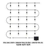 Black string lights with exposed bulbs are arranged in five horizontal rows, showing a total cable length of 12.8 meters (42 feet). A small solar panel is connected to the end of the cable.