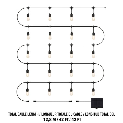 The Artika Blaze 20 LED Outdoor Solar String Lights feature a black cable arranged in a zigzag pattern with an attached solar panel. The total length of the string lights is 12.8 meters (42 feet).