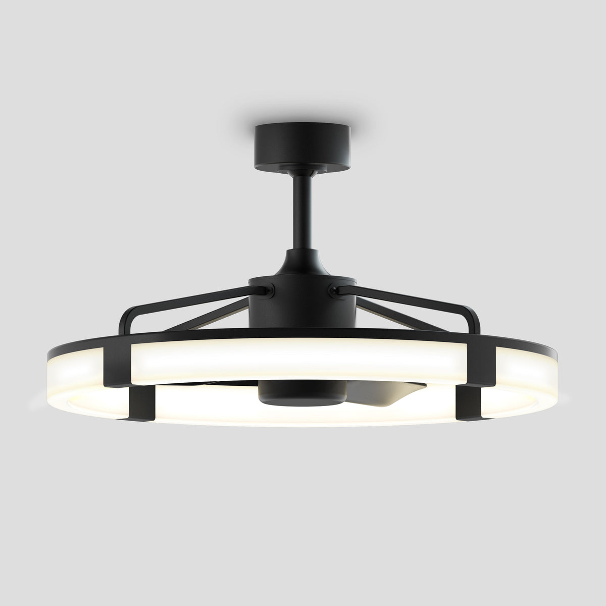 The Artika Sunnyvale 28 in. LED modern ceiling fan features a circular LED light ring, black metal frame, adjustable lighting, and remote control, mounted on a short downrod against a plain light grey background.