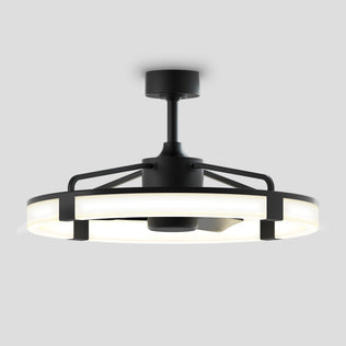 The Artika Sunnyvale 28 in. LED modern ceiling fan features a circular LED light ring, black metal frame, adjustable lighting, and remote control, mounted on a short downrod against a plain light grey background.