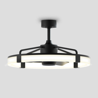 The Artika Sunnyvale 28 in. LED modern ceiling fan features a circular LED light ring, black metal frame, adjustable lighting, and remote control, mounted on a short downrod against a plain light grey background.