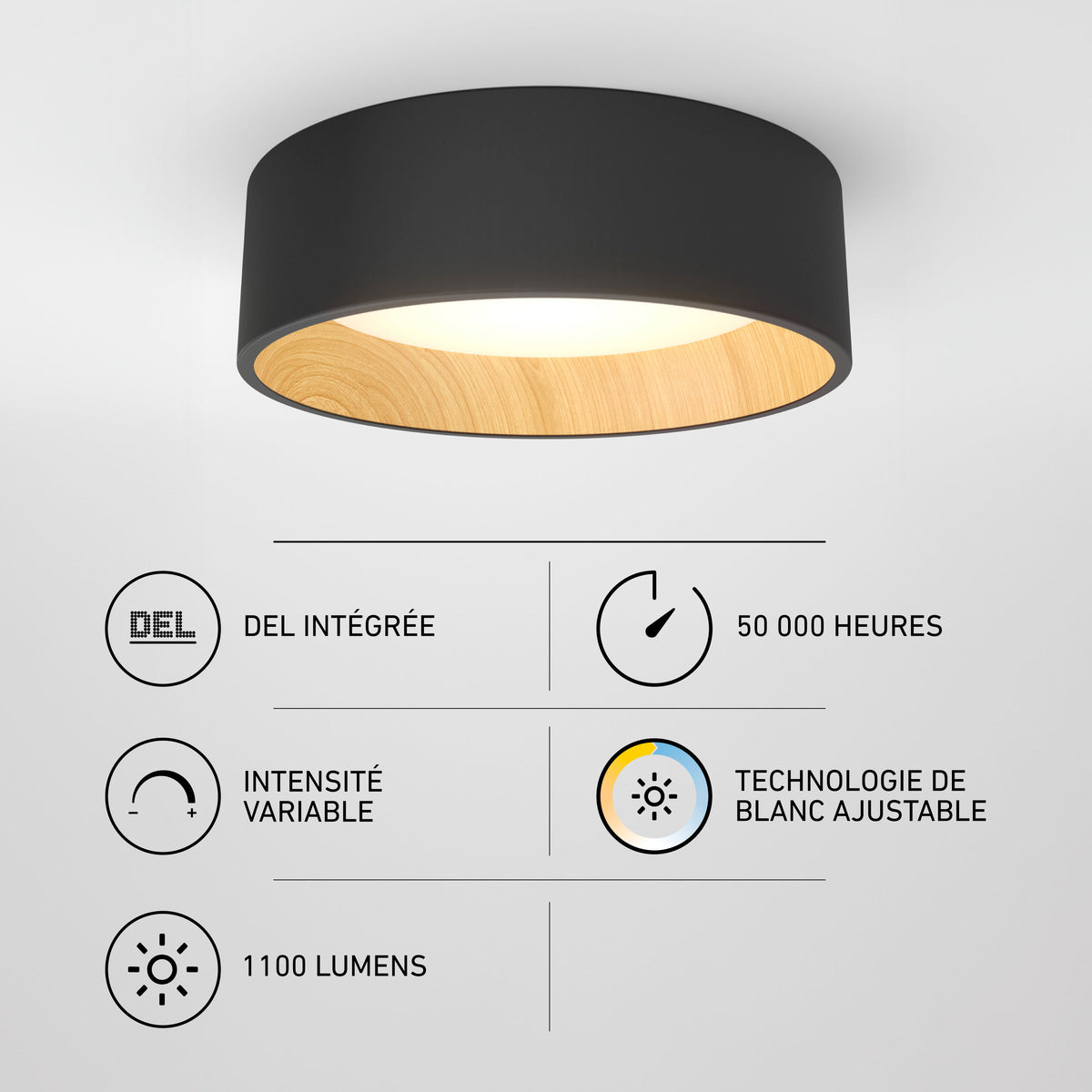 Artika Alton 13″ LED flush mount ceiling light, 3 CCT, dimmable, wood/black design, 1100 lumens, 50,000 hrs.
