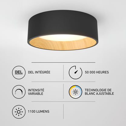 Artika Alton 13″ LED flush mount ceiling light, 3 CCT, dimmable, wood/black design, 1100 lumens, 50,000 hrs.