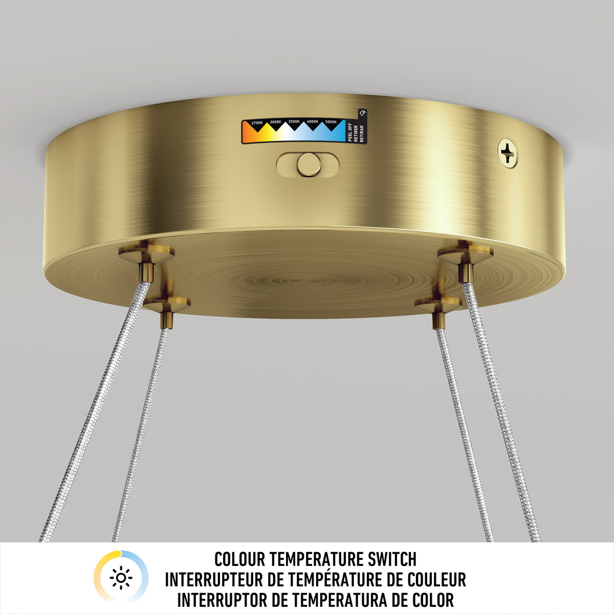 Close-up of Artika Mora 28″ LED Pendant, featuring 5CCT switch, indicator, and multilingual label for easy lighting adjustment.