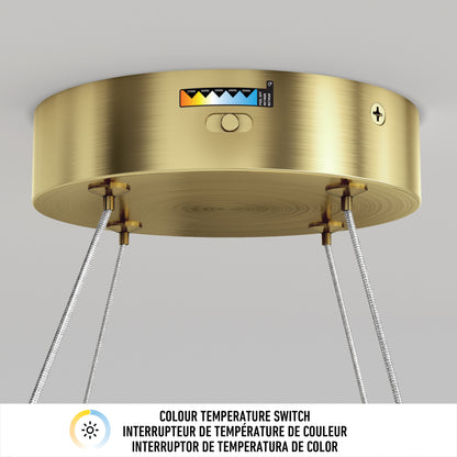 Close-up of Artika Mora 28″ LED Pendant, featuring 5CCT switch, indicator, and multilingual label for easy lighting adjustment.