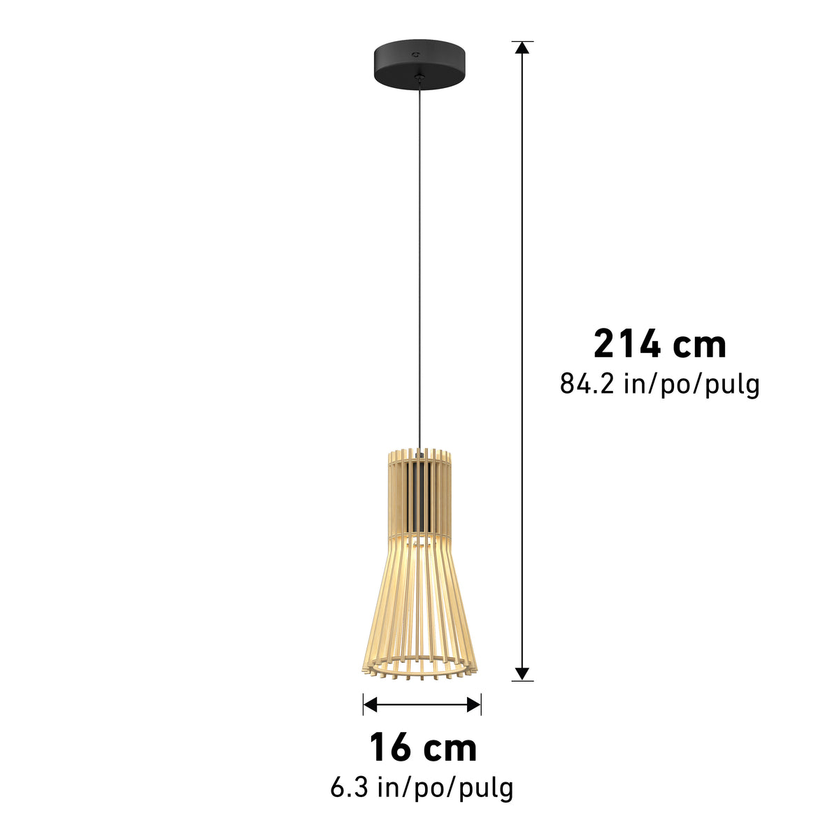 A hanging pendant light with a wooden slatted shade, suspended from a black ceiling fixture. The light is 214 cm (84.2 in) tall and 16 cm (6.3 in) wide, with measurements shown in the image.
