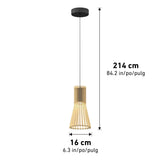 A hanging pendant light with a wooden slatted shade, suspended from a black ceiling fixture. The light is 214 cm (84.2 in) tall and 16 cm (6.3 in) wide, with measurements shown in the image.