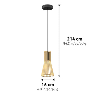 The Artika Kiyo modern LED pendant 3 CCT features a wooden slatted shade, measures 16 cm (6.3 in) wide and hangs 214 cm (84.2 in) from ceiling to base, with dimensions clearly labeled in centimeters and inches.