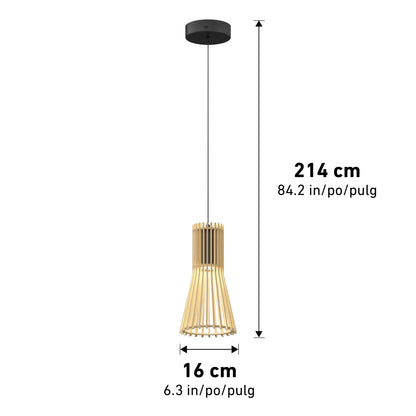 The Artika Kiyo modern LED pendant 3 CCT features a wooden slatted shade, measures 16 cm (6.3 in) wide and hangs 214 cm (84.2 in) from ceiling to base, with dimensions clearly labeled in centimeters and inches.