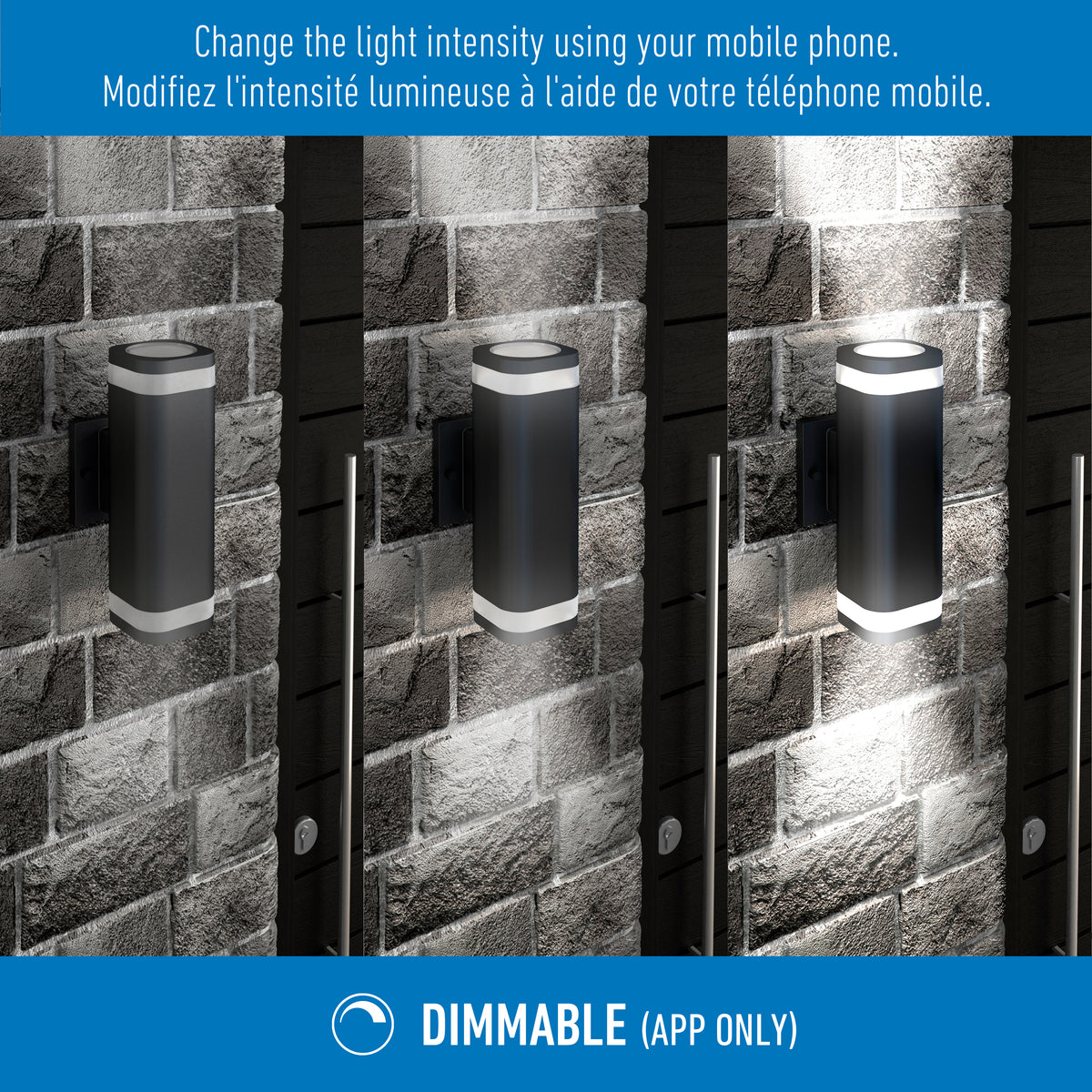 Three wall-mounted outdoor lights on a brick wall show different brightness levels, illustrating dimmable functionality controlled by a mobile app. Text above explains adjusting light intensity via phone in English and French.
