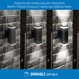 Three wall-mounted outdoor lights on a brick wall show different brightness levels, illustrating dimmable functionality controlled by a mobile app. Text above explains adjusting light intensity via phone in English and French.