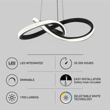 Modern LED pendant light with a twisted circular design, accompanied by icons and text highlighting features: LED integrated, 50,000 hours life, dimmable, easy installation, 1900 lumens, and selectable white technology.