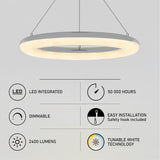 A modern circular LED pendant light with features listed: LED integrated, dimmable, 2400 lumens, 50,000-hour lifespan, tunable white technology, and easy installation with a safety hook included.