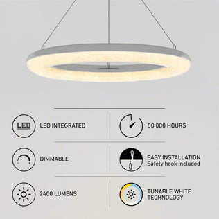 The Artika Famous Optical LED pendant light 5 CCT features an integrated LED, dimmable 2400 lumens, tunable white technology, 50,000-hour lifespan, and easy installation with a safety hook.