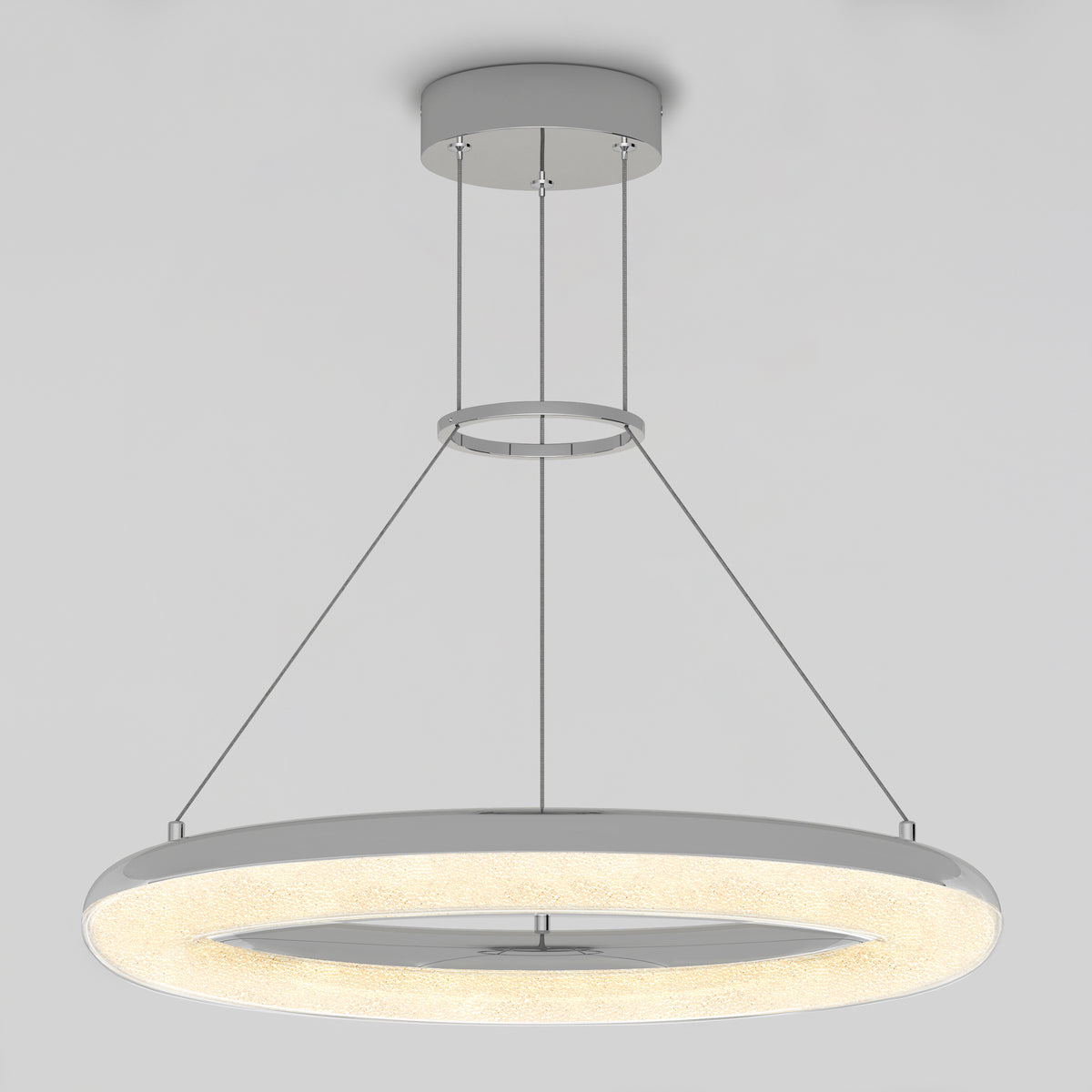 The Artika Famous Optical LED pendant light 5 CCT features a modern circular design with a glowing ring, suspended from the ceiling by three thin cables, shown against a plain white background.