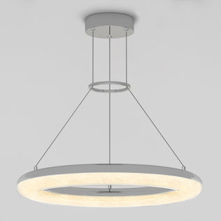 The Artika Famous Optical LED pendant light 5 CCT features a modern circular design with a glowing ring, suspended from the ceiling by three thin cables, shown against a plain white background.