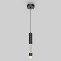 The Artika Mist LED pendant light features a modern black cylindrical design with a frosted bubble-accented segment and an illuminated bottom, hanging elegantly from the ceiling.