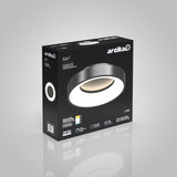 A black box for an Artika Aiden LED ceiling light, featuring an image of the round light fixture, product details, and specifications on the packaging, displayed against a light gray background.