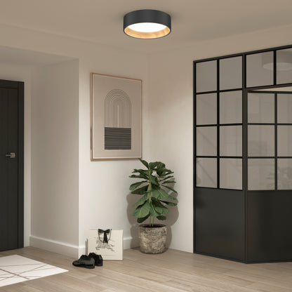 A modern entryway with light wood floors, black-framed glass doors, a potted plant, wall art, black shoes, a white bag, and the Alton LED flush mount by Artika for stylish contemporary lighting.