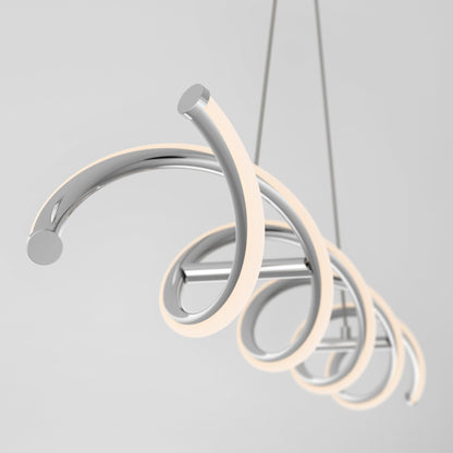 The Artika-CAN-dev DNA Linear LED modern pendant light showcases intertwined chrome-finished spiral LED tubes, suspended from the ceiling against a plain light gray background.