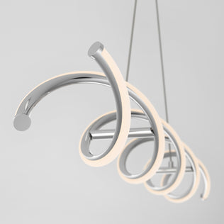 The Artika DNA Linear LED modern pendant light features intertwined curved metal arms with integrated LED strips, suspended from two slim cables against a plain light background.
