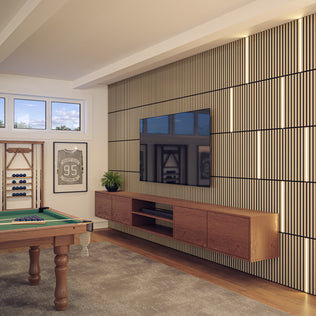 Modern game room with wall-mounted TV, wooden console, pool table, shelving, framed art & Artika Lumilok LED Wall Panel Light.