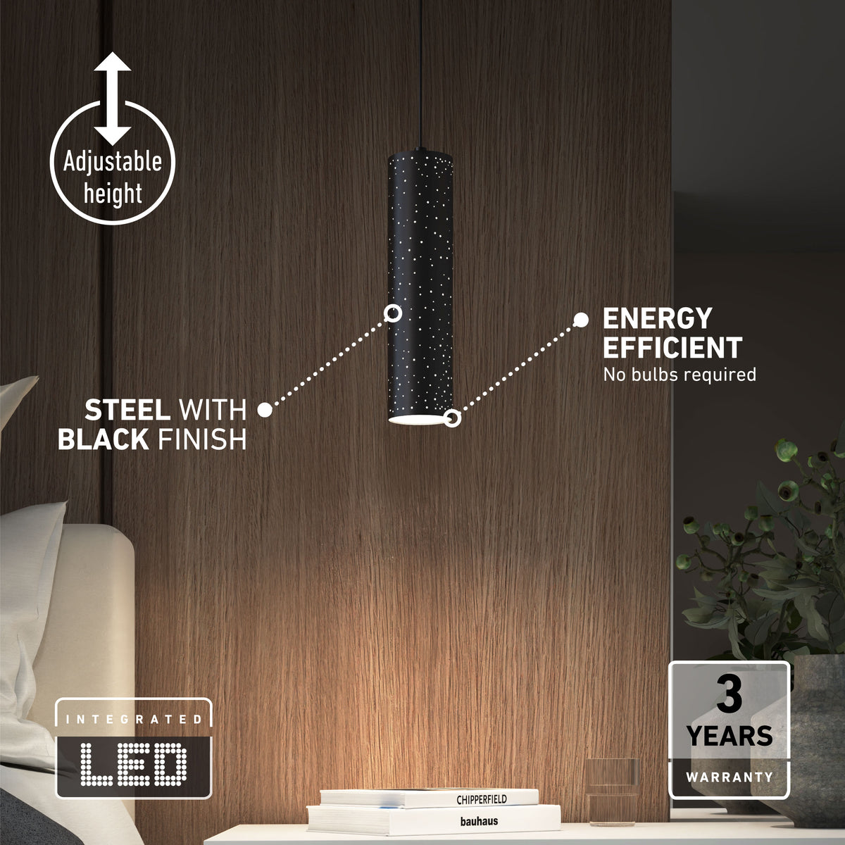 A modern black cylinder pendant light hangs over a table against a wood-paneled wall. Text highlights its adjustable height, steel with black finish, energy efficiency, integrated LED, and 3-year warranty.