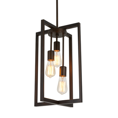 The Artika Yale 3-light Chandelier features a modern geometric rectangular frame in dark metal with three vintage-style Edison bulbs hanging at varying heights for a stylish look.