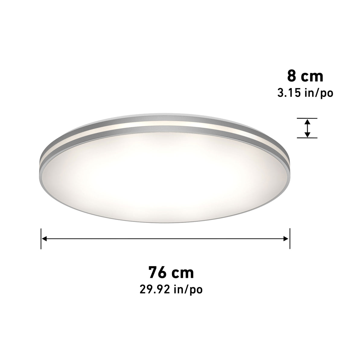 Artika GLOW 30 in. LED Flush Mount Ceiling Light, 5 CCT, remote included; dimensions in cm/inch.