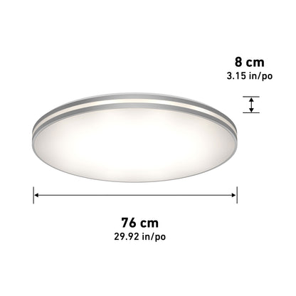Artika GLOW 30 in. LED Flush Mount Ceiling Light, 5 CCT, remote included; dimensions in cm/inch.