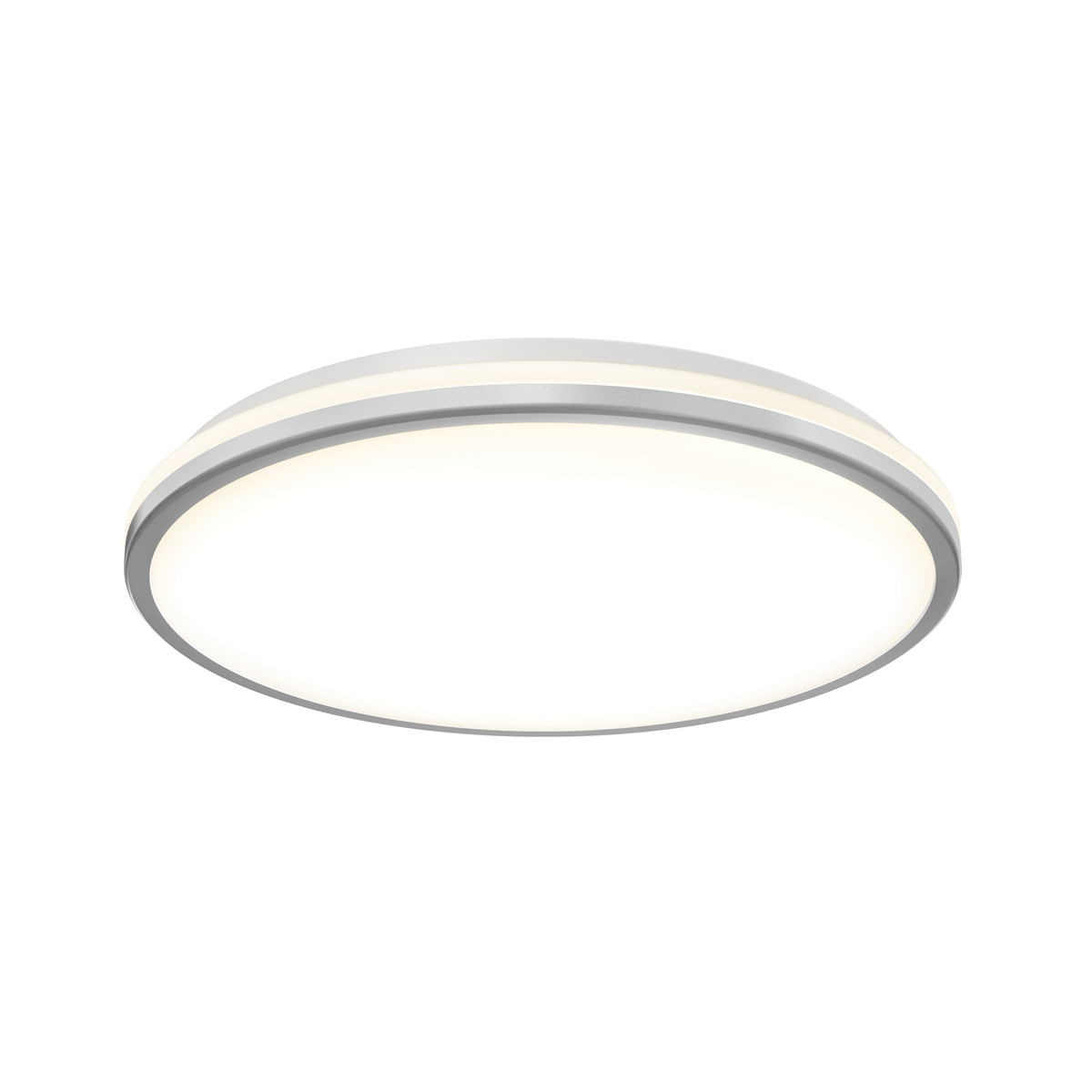 A modern, round, flush-mount ceiling light with a white diffuser and silver rim, emitting a soft, even glow.