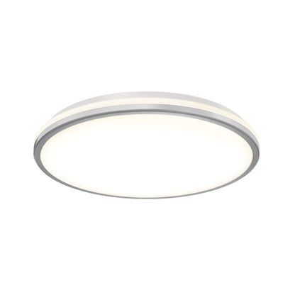 The Artika Macy 15 in. LED modern flush mount light features a wide white frosted diffuser, slim metallic rim, and RGB Wifi control, shown here from below against a white background.