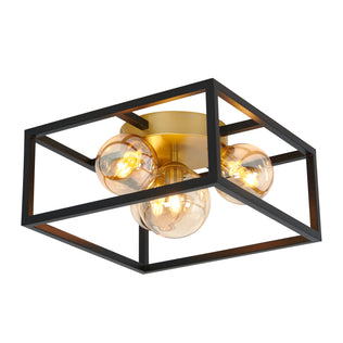 The Artika Griffintown flush mount is a modern ceiling light featuring three exposed round bulbs, a gold central base, and a black open rectangular metal frame.