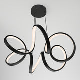 Modern black ceiling light fixture with three intertwined, looping LED rings suspended by cables from a round base, set against a plain white background.