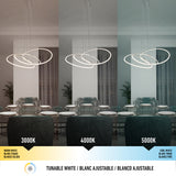 Three dining rooms are shown side by side with identical modern pendant lights, each under different color temperatures: warm white (3000K), neutral white (4000K), and cool white (5000K).