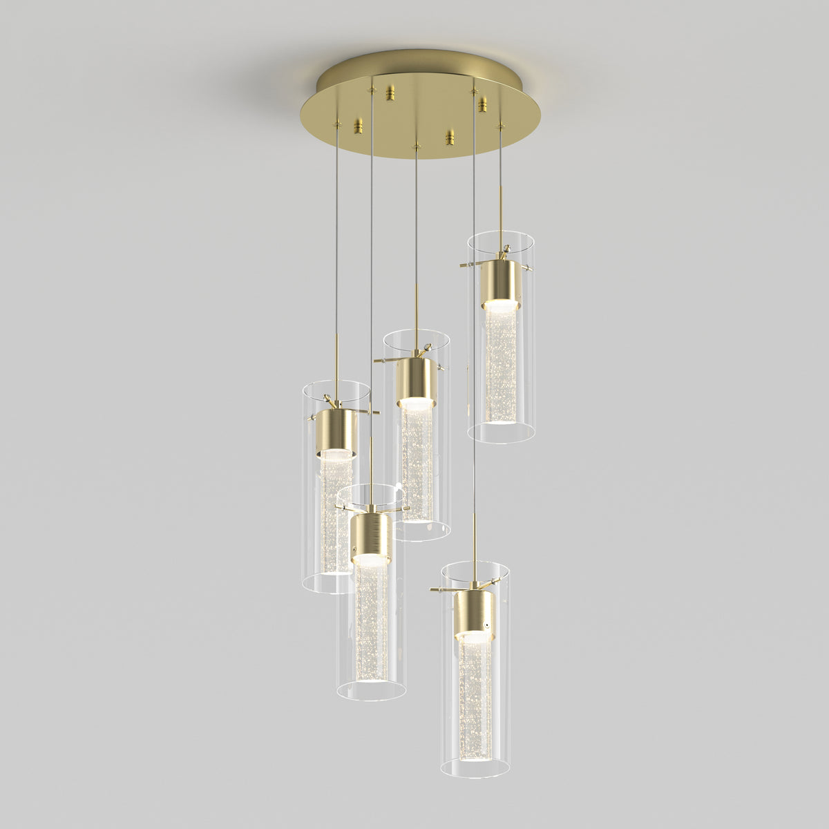 The Artika Essence 5-light LED pendant features a modern round gold base and five cylindrical glass pendants with gold accents, each suspended at different heights for a striking contemporary look.