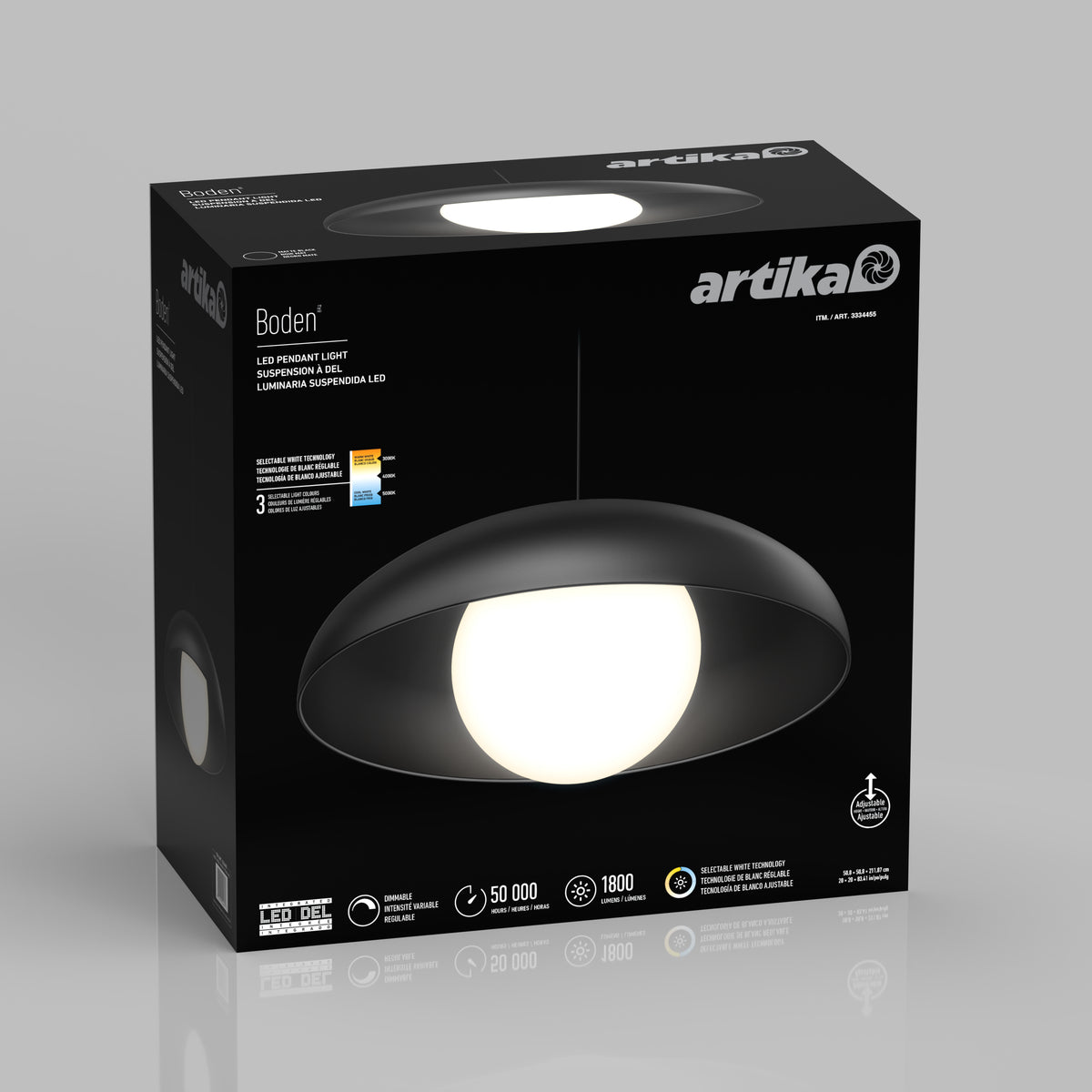 A black box featuring the Artika brand and an image of the Boden LED pendant light, showing a modern, dome-shaped fixture with a glowing white center against a gray background.