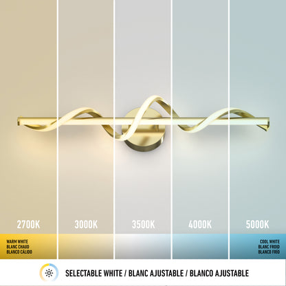 The Artika Coda modern LED bathroom vanity light features a wavy design and offers selectable white lighting in five color temperatures, from warm white (2700K) to cool white (5000K).