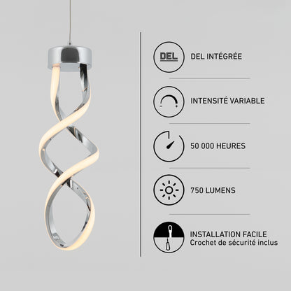 A chrome Artika Mini Swirl LED pendant light beside icons for its LED technology, dimmability, 50,000-hour lifespan, 750 lumens, and easy install.